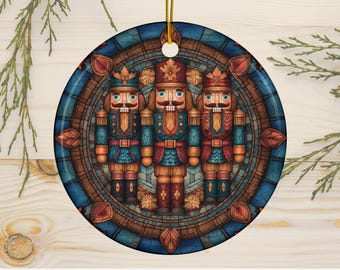 3 Nutcrackers Ornament, Faux Stained Glass Holiday Ceramic Ornament, Ornament Exchange, Winter Decor, Nutcracker Decor Christmas Bauble
