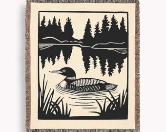Common Loon Woven Blanket, Loon Blanket in a Block Print Style, North Woods Blanket for Cabin, Boundary Waters, Maine Minnesota Wisconsin