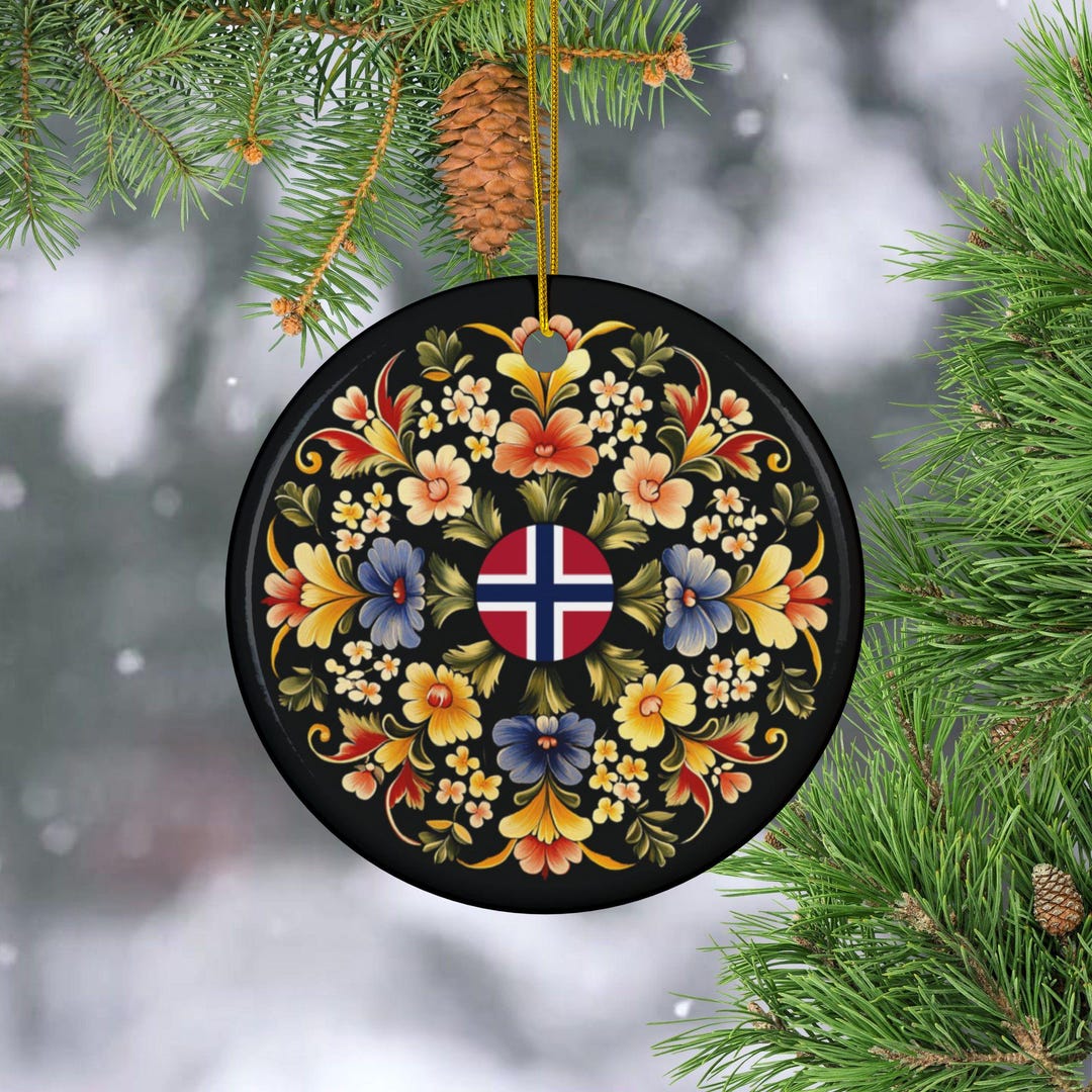 Norwegian Rosemaling Ceramic Ornament, Flag of Norway, 2 Sided ...