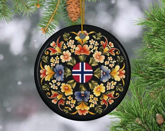 Ornement norvégien en céramique de rosemaling, drapeau de la Norvège, 2 faces, cadeau de Noël scandinave, souvenir norvégien, souvenir nordique héritage
