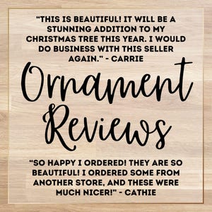 May include: A wooden background with the words "Ornament Reviews" in large, black, cursive font. Above and below are customer reviews praising the ornaments. The reviews are in black text.