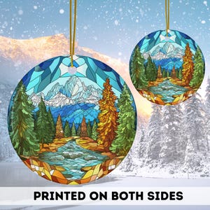 Mountains 2024 Christmas Ornament, Forest Faux Stained Glass Christmas Decor, Western National Park Holiday tree Round Ceramic Ornament Gift