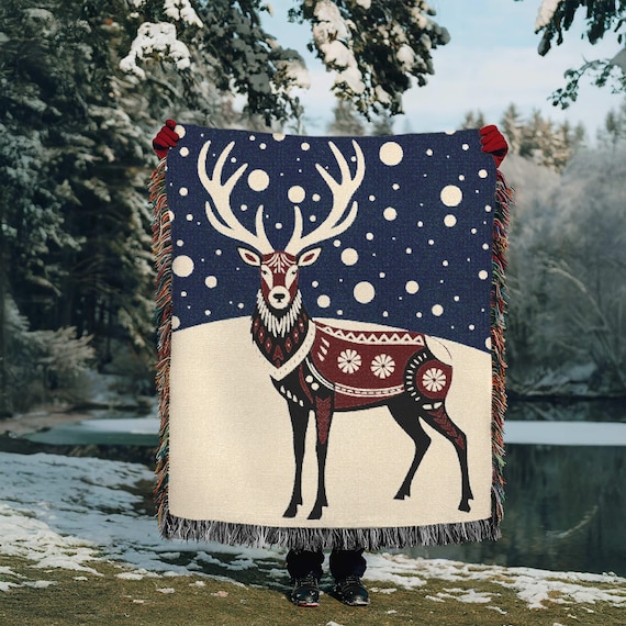 Scandinavian Christmas Blanket, NORDIC BUCK in Winter Woven Blanket, Folk Art Style Deer Cotton Throw, Winter Themed Decor Swedish Norwegian