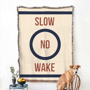 Slow No Wake Blanket, Woven Navy Nautical Throw for Boat Lovers, Funny Pun, Lake House Decor Coastal Cottage, Buoy Sign Blanket Boating Gift image 5