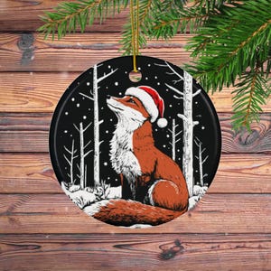 Christmas Fox Ornament, Fox with Santa Hat in Forest, Ceramic Ornament for Nature Lover, Fox Lover Christmas Ornament Gift, Linocut Forest