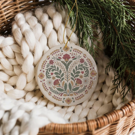 Floral Folk Art Ceramic Ornament | European Folkart Style Christmas Ornament | Symmetrical Floral Holiday Decoration