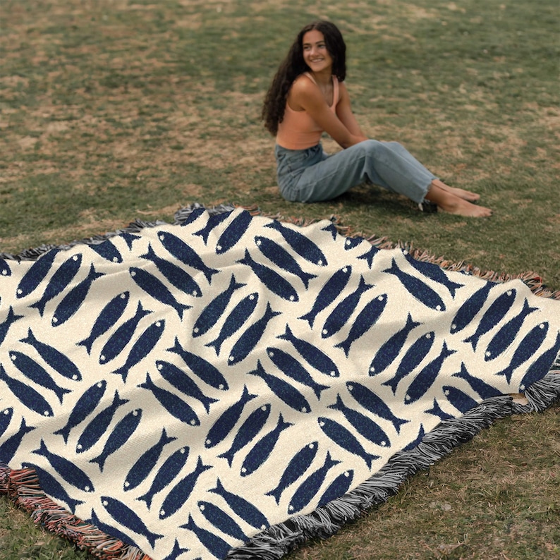 Sardine Blanket, Coastal Woven Throw, Navy Fish Pattern Cotton Blanket, Nautical Beach House Decor, Scandinavian Gift,Herring Tapestry Throw image 6
