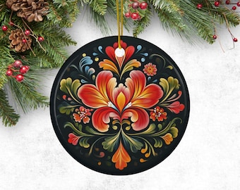 Scandinavian Folk Art Ceramic Ornament | Norwegian Rosemaling Style Artwork | Bright Folkart with Flowers | Pink, Orange, Green | Nordic