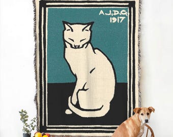 Sitting Cat Art Blanket, Julie de Graag Cat Throw, Vintage Cat Woven Blanket, Art Nouveau Home Decor, 100% Cotton Blanket, Cat Lover Gift