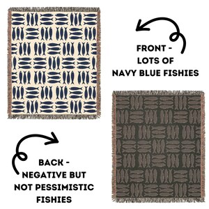 Sardine Blanket, Coastal Woven Throw, Navy Fish Pattern Cotton Blanket, Nautical Beach House Decor, Scandinavian Gift,Herring Tapestry Throw image 4