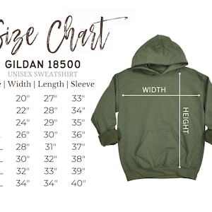 May include: A size chart for a Gildan 18500 unisex sweatshirt in olive green. The chart lists sizes S through 5XL with corresponding width, length, and sleeve measurements in inches. A graphic of the hoodie shows width and height measurement lines.
