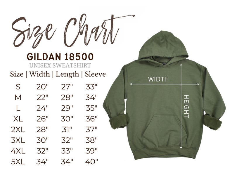 May include: A size chart for a Gildan 18500 unisex sweatshirt in olive green. The chart lists sizes S through 5XL with corresponding width, length, and sleeve measurements in inches. A graphic of the hoodie shows width and height measurement lines.