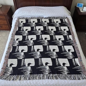 Common Loon Blanket, Houndstooth &quot;Loonstooth&quot; Cotton Woven Blanket, Black and Cream Pattern Throw, Jacquard Weave Tapestry, Loon Lover Gift