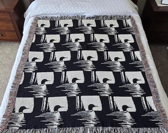 Common Loon Blanket, Houndstooth "Loonstooth" Cotton Woven Blanket, Black and Cream Pattern Throw, Jacquard Weave Tapestry, Loon Lover Gift