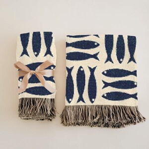 Sardine Blanket, Coastal Woven Throw, Navy Fish Pattern Cotton Blanket, Nautical Beach House Decor, Scandinavian Gift,Herring Tapestry Throw image 7