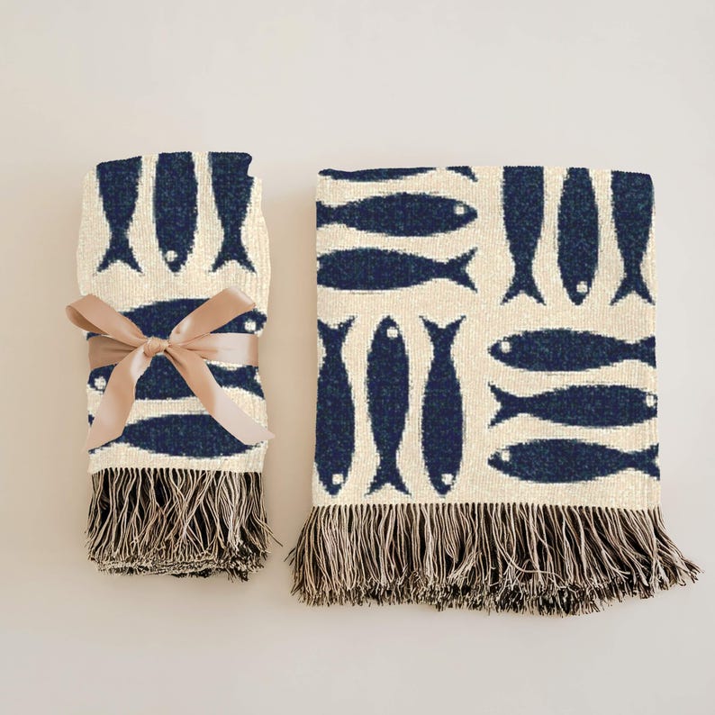 Sardine Blanket, Coastal Woven Throw, Navy Fish Pattern Cotton Blanket, Nautical Beach House Decor, Scandinavian Gift,Herring Tapestry Throw image 7