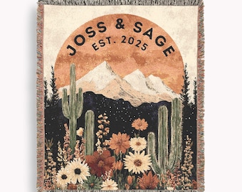 Custom Couple Desert Sunset Woven Blanket, Personalized Wedding Gift, Boho Cactus Wildflower Throw, Southwest Home Decor Earth Tone Tapestry