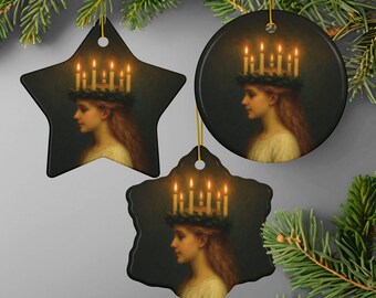 St. Lucy's Day Ceramic Ornament | Santa Lucia Artwork for the Christmas Season | Swedish Holiday | Scandinavian Christmas | Candle Crown