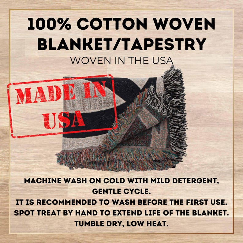 May include: A woven cotton blanket/tapestry with a black and beige geometric design, fringed edges, and the text "MADE IN USA." The blanket is labeled "100% Cotton Woven Blanket/Tapestry" and "Woven in the USA."