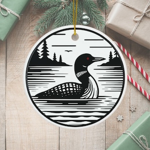 LOON Christmas Ornament, Christmas Loon Santa Hat Ceramic Ornament, Black and White Holiday Decoration, Minnesota Common Loon Xmas Decor