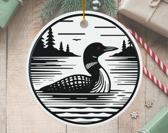 LOON Christmas Ornament, Christmas Loon Santa Hat Ceramic Ornament, Black and White Holiday Decoration, Minnesota Common Loon Xmas Decor