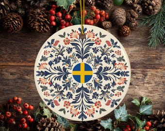 Swedish Rosemaling Ceramic Ornament, Flag of Sweden, 2 Sided, Scandinavian Christmas Gift, Swedish Souvenir, Nordic Keepsake Heirloom