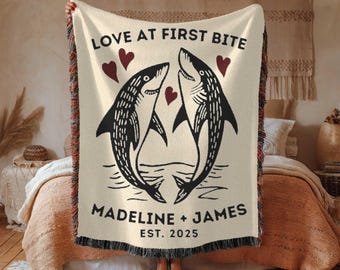Shark Woven Blanket, Love at First Bite, Cute Cartoon Sharks in Love, Great White Sharks, Weird Wedding Gift, Engagement Gift, Bridal Shower