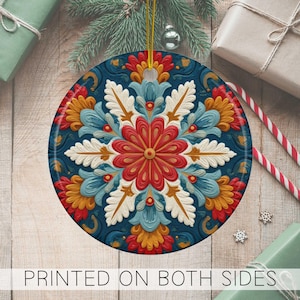 Scandinavian Snowflake Ornament, Nordic Folk Art Ceramic Christmas Decoration, Double Sided Holiday Tree Ornament Gift, Scandi Influenced