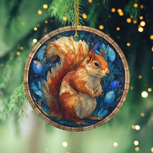 Cute Squirrel Ceramic Ornament, Faux Stained Glass style design, Brightly Colored Faux Suncatcher, Squirrel double sided Christmas Ornament