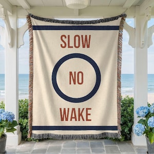 Slow No Wake Blanket, Woven Navy Nautical Throw for Boat Lovers, Funny Pun, Lake House Decor Coastal Cottage, Buoy Sign Blanket Boating Gift Navy and Rust