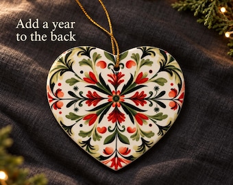 Scandinavian Heart Ornament, God Jul Folk Art Christmas Ornament, Nordic Sweden Heirloom Ceramic, Swedish Norwegian Danish Rosemaling style