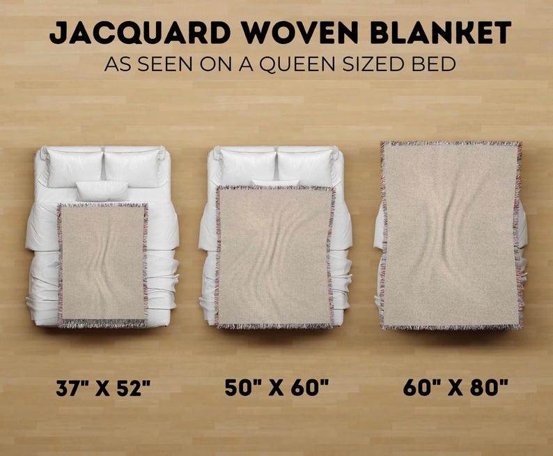 May include: Three beige jacquard woven blankets displayed on white queen-sized beds, labeled with dimensions 37" x 52", 50" x 60", and 60" x 80". The text reads JACQUARD WOVEN BLANKET AS SEEN ON A QUEEN SIZED BED above the blankets.
