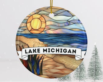 Lake Michigan Ceramic Ornament, Great Lakes Home Decor, Lake Michigan Christmas Ornament, Indiana Illinois Wisconsin, Lake Vacation Souvenir