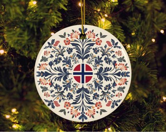 Ornement norvégien en céramique de rosemaling, drapeau de la Norvège, 2 faces, cadeau de Noël scandinave, souvenir norvégien, souvenir nordique héritage