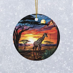 Giraffe on African Safari, Giraffe ond Savannah Ceramic Ornament, Colorful Christmas Ornament, Holiday Home Decor Lion Gift for Nature Lover