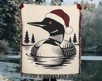 Christmas Loon with Santa Hat Woven Blanket | Common Loon Woven Throw Blanket | Lake Living Decor for Cabin Cottage Lake House Blanket