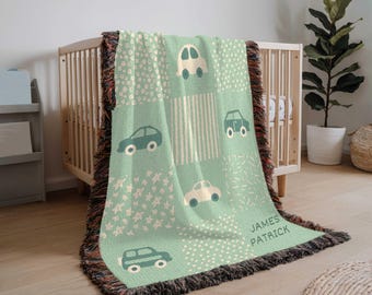 Personalized Baby Name Blanket, 100% Cotton Woven Blanket for Newborn Boy, Checkered Cars Custom Baby Blanket for Baby Shower Gift for Boy