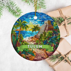 Tulum Mexico Ceramic Ornament, Faux Stained Glass Holiday Decor, Mexican Souvenir, Caribbean Coast Keepsake Vacation Honeymoon Bachelorette
