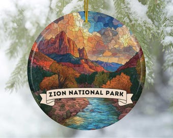 Zion National Park Faux Glasmalerei Keramikverzierung, Utah Zions National Park Souvenir Ornament, doppelseitige Utah Geschenk Weihnachtsdekoration