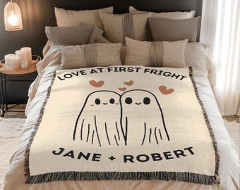 Personalized Ghost Couple Blanket, Love at First Fright, Custom Wedding Gift for Spooky Couple, Ghost Lover Woven Throw, Cotton Anniversary
