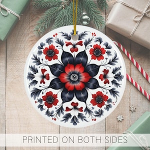 Scandinavian Red Blue Folk Art Christmas Ornament, Nordic Sweden Heirloom Ceramic Ornament, Swedish Norwegian Danish Scandi Rosemaling style