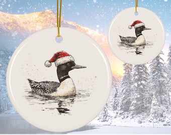 Jultomten vid en sjö 2024 Julgransprydnad, fågelälskare Juldekoration Högtidsgran Rund Keramisk Julgran Gåva för fågelskådare