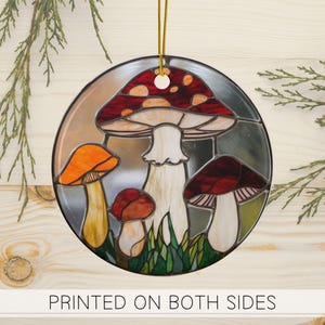 Mushroom Ornament, Faux Stained Glass Mushroom Cermanic Ornament, Cottagecore Naturecore Christmas Ornament, Red White Spot Mushroom