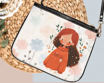 Personalized Leather Bag With Cute Redhead Girl In Boho style For Girl Or Woman, Bag With Custom Name, Personalized Shoulder Bag