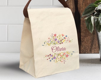 Personalized Canvas Lunch Bag With Floral Design, Recycle Fabric Lunch Bag, Tote, Eco Friendly, School,  Work,  Picnic, Lunch Bag With Strap