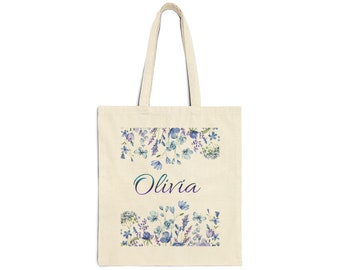 Canvas Cotton Personalized Tote Bag, Floral Watercolor Custom Shoulder Bag, Personalized Shopper For Her, Bag With Custom Name,Free Shipping