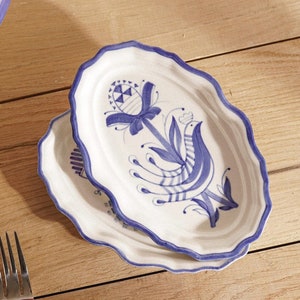 Porcelain Serving Plate Blue and White Serveware, Flower Dinnerware, White Hand Painted Tableware, Cute Kitchen Tablescape Family Gift Her