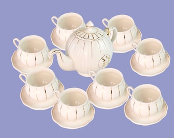 Set da tè in porcellana Set da tè in vernice ceramica con teiera 8 tazze e piattino Bollitore da tè in ceramica bianca Piccola teiera in ceramica dorata Regali Regalo da panettiere