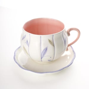 Porcelain Tea Cup and Saucer, Purple Flower Serveware Small Ceramic Cup, Handmade Coffee Lover Gift Set, Handmade Teacup Unique Gift Bride