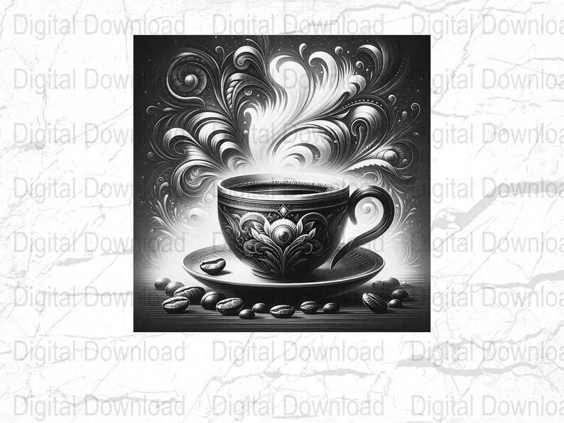 Black and White Digital Art Coffee Cup, Swirls Abstract Kitchen Decor